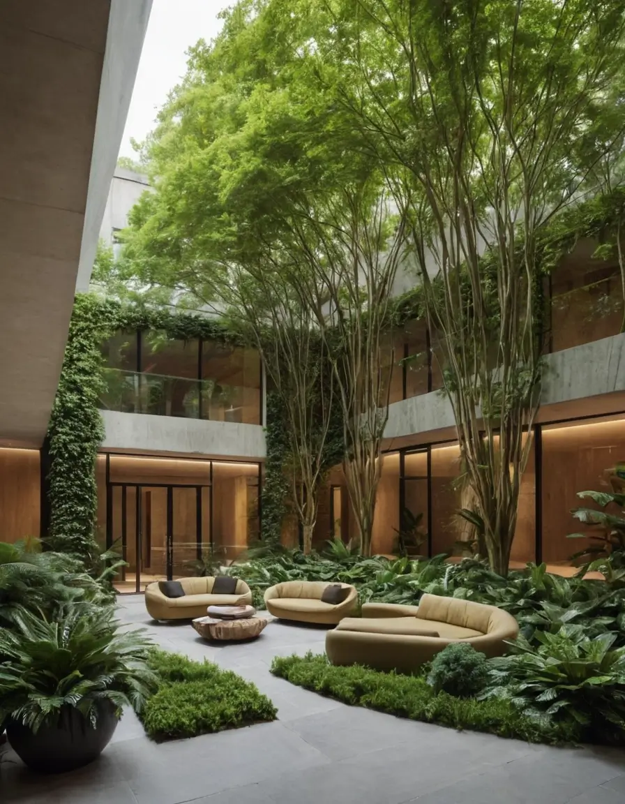 Tranquil office courtyard surrounded by lush greenery