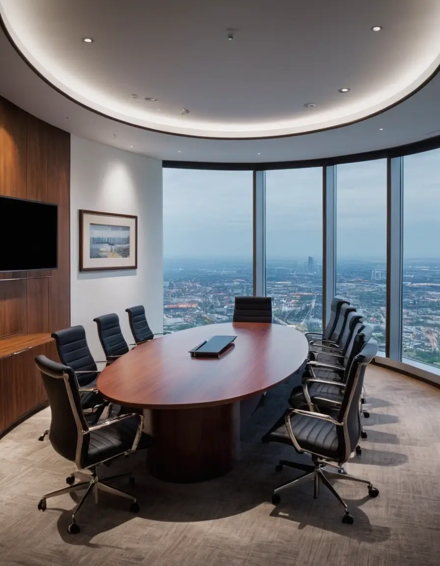 Modern boardroom with panoramic city skyline view
