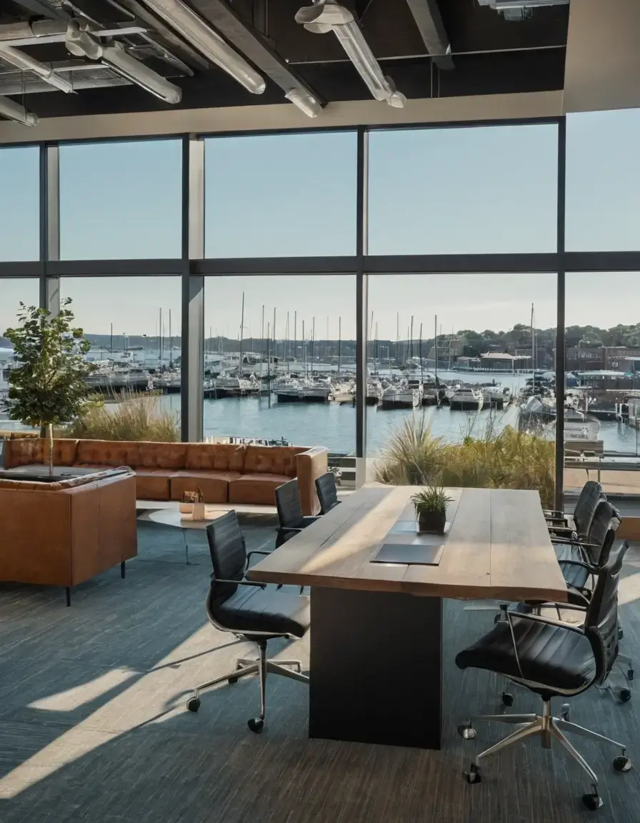 Bright modern office near the harbor with large windows and flexible desks